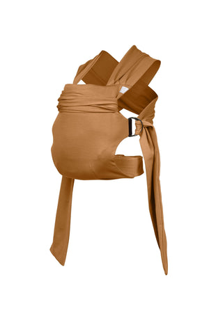 Simple Wrap baby carrier, with a buckle waist belt and rings to attach fabric straps, in burnt orange color called Camel.