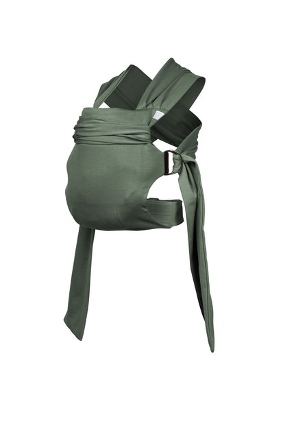 Simple Wrap carrier, with buckle waist belt and rings to attach fabric straps, in Fern.