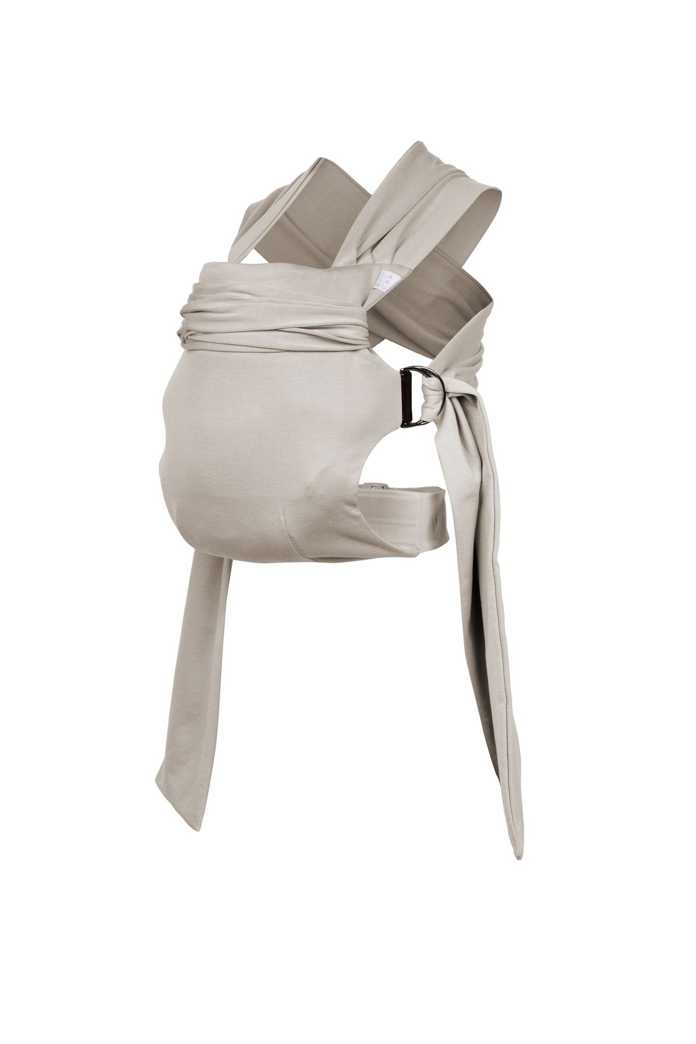 Simple Wrap carrier, with buckle waist belt and rings to attach fabric straps, in Flax.