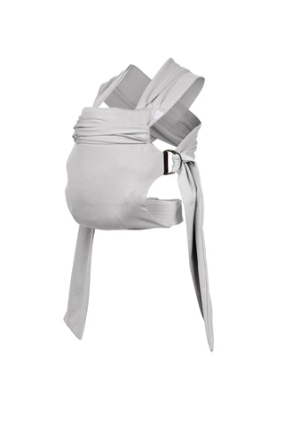 Simple Wrap baby carrier, with a buckle waist belt and rings to attach fabric straps, in light gray color called Fog.