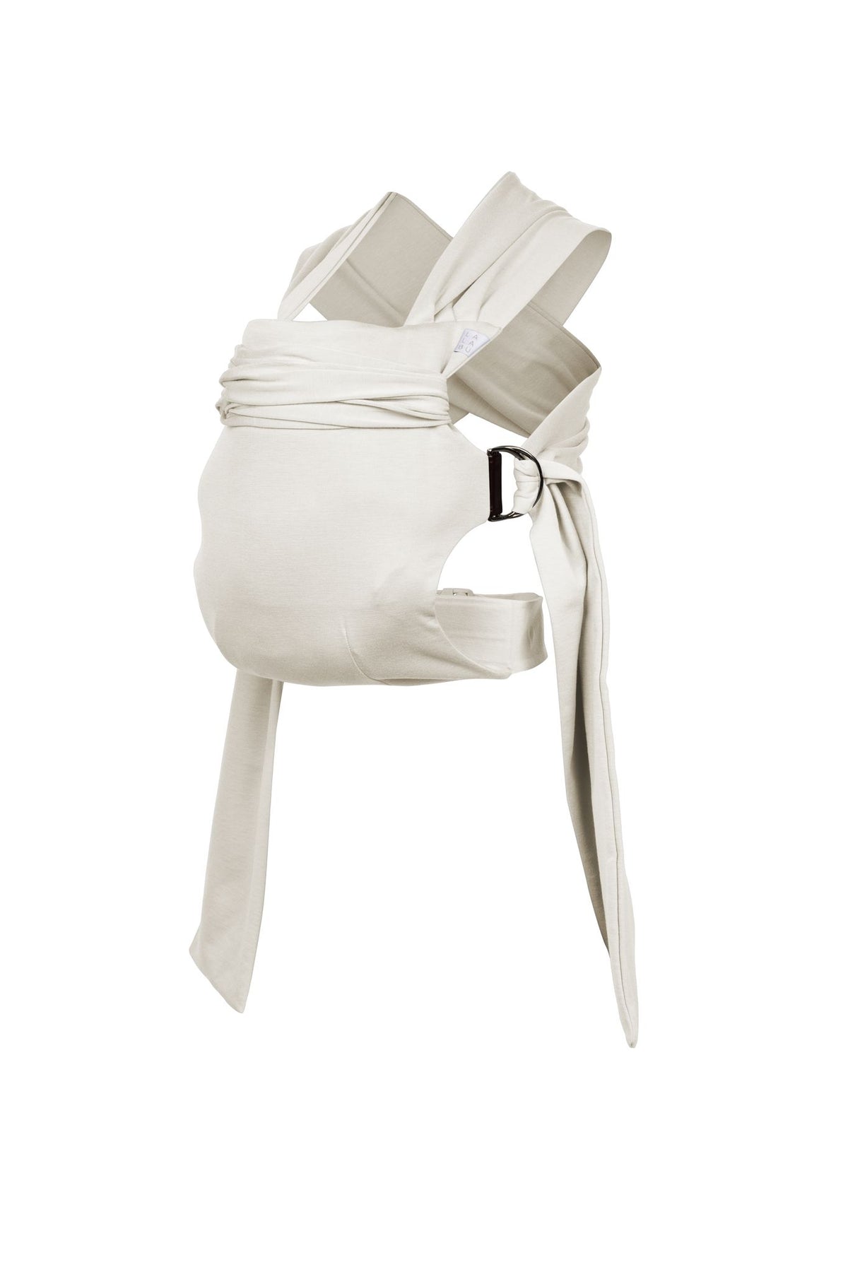 Simple Wrap carrier, with buckle waist belt and rings to attach fabric straps, in Natural.